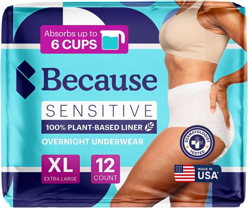 because Adult Incontinence Underwear for Sensitive Skin - Women - Premium Overnight Disposable Briefs, Anti Odor - White, X-Large - Absorbs 6 Cups - 12 Count (Pack of 1) - Image 1